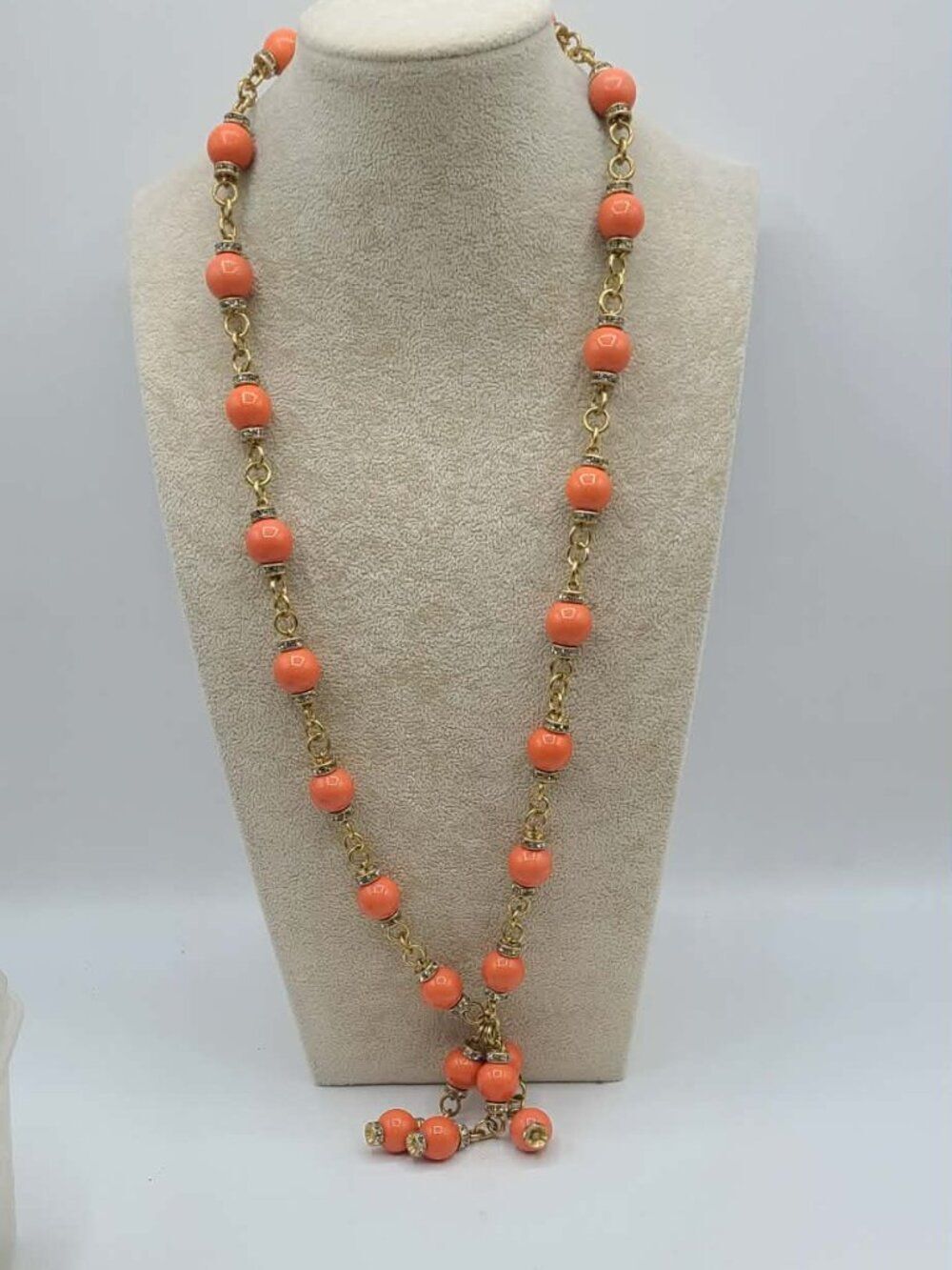 J Crew Coral Bead Necklace with clear Crystals